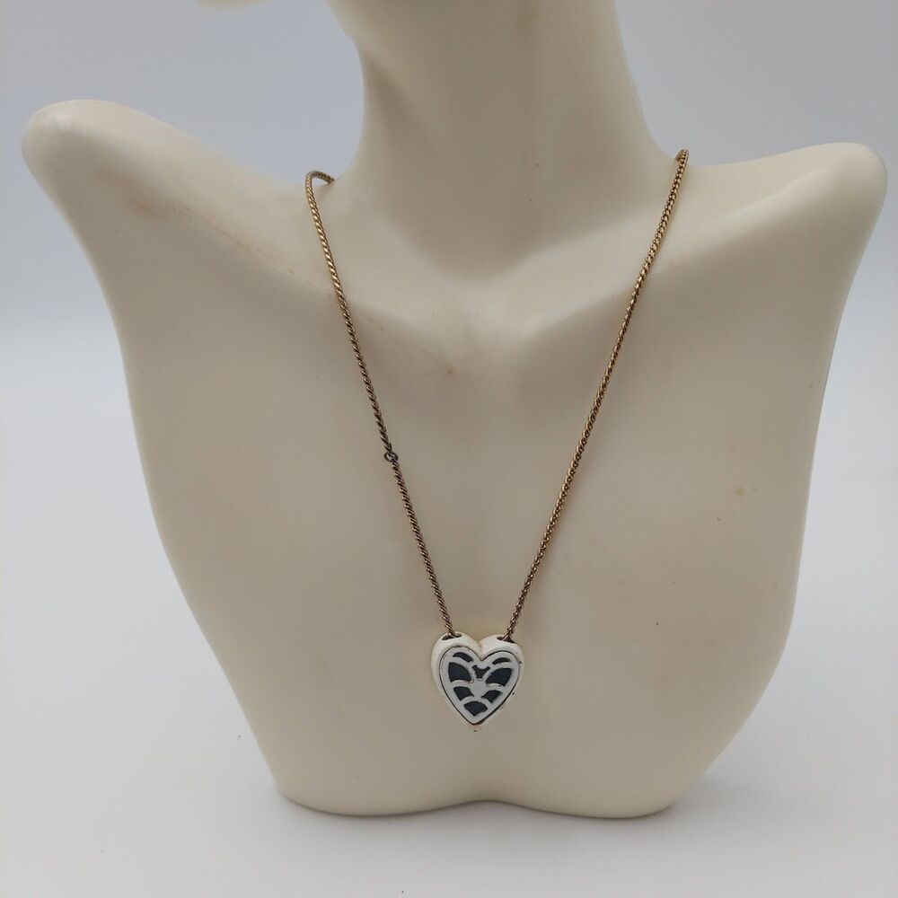 Vintage Metal Heart Pendant White Enamel on Goldtone Chain 30"